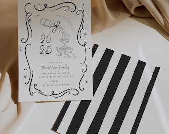 New Years Eve Party Invitation Editable New Years Invitation Template Cocktail Party Invite Whimsical Bow NYE Hand Drawn Printable, 0083