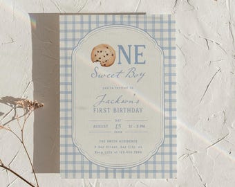 One Sweet Boy Birthday Invitation Cookie Party Invite Digital Download Milk and Cookies Boy Birthday Template Printable, 0129
