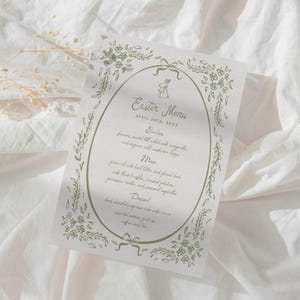 Pu&ograve; includere: Un modello di menu di Pasqua stampabile con un bordo floreale verde e un'illustrazione di un coniglio. Il menu include il testo "Easter Menu" e "April 20th, 20XX".
