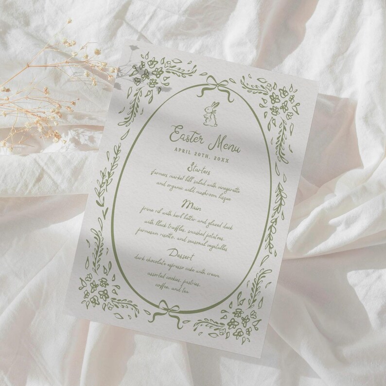 Pu&ograve; includere: Un modello di menu di Pasqua stampabile con un bordo floreale verde e un'illustrazione di un coniglio. Il menu include il testo "Easter Menu" e "April 20th, 20XX".