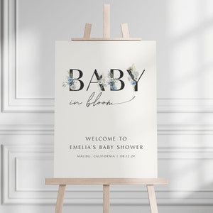 Baby in Bloom Willkommensschild Minimalist Baby Shower Sign In Bloom Willkommensschild Baby in Bloom Blau Floral Willkommensschild Corjl Edit, 0042