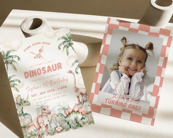 May include: Two rectangular birthday invitation cards. The left card features watercolor dinosaurs, palm trees, and text reading STOMP, CHOMP, ROAR! DINOSAUR SOPHIA'S 1ST BIRTHDAY. The right card has a pink and white checkered border with a photo of a child.