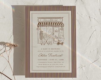 Baby is Brewing Invitation Brown Cafe Bebe  Baby Shower Template Editable Bakery Hand Drawn Invite Brunch Digital Printable, 0132