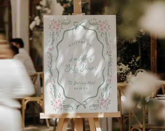Floral Baby Shower Welcome Sign Chinoiserie Hand Drawn Template Editable Pink and Green Floral Poster Sign Printable Digital Download, 0112