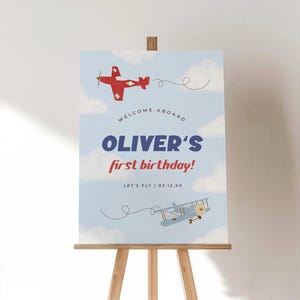 Placa de boas-vindas de avião, aviões vintage, festa de aniversário, modelo para impressão de menino da aviação, pôster de 1º aniversário de como o tempo voa, 0056