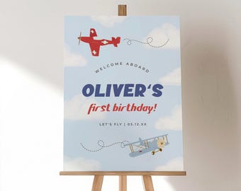 Airplane Welcome Sign Vintage Airplanes Birthday Party Aviation Boy Birthday Printable Template How Time Flies 1st Birthday Poster, 0056