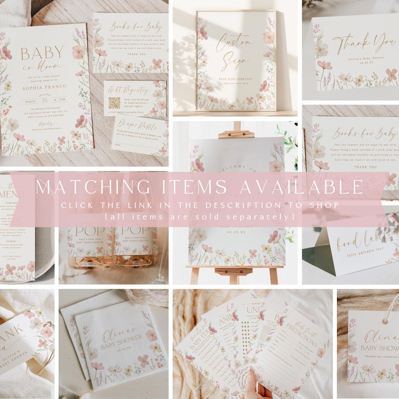May include: A collection of printable baby shower decorations featuring a floral design with pink, white, and gold accents. The designs include a welcome sign, a thank you card, a sign for books for baby, a sign for a custom sign, a sign for food labels, a sign for a welcome sign, a sign for a pop-up bottle, a sign for a baby shower game, and a sign for a baby shower game.