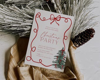 Puede incluir: Una tarjeta de invitación rectangular blanca con un borde de cinta roja dibujado a mano, un lazo en la parte superior y un árbol de Navidad de acuarela verde en la parte inferior derecha. El texto dice: Sofia & Liam Wilson invite you to their annual Christmas PARTY. Join us for some merriment December the 18th at 7pm. So any place street anywhere city, any state. RSVP to Sofia at 555.555.5555.