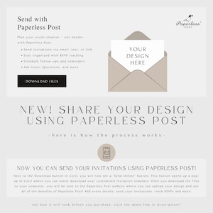 May include: A graphic design for a website or social media post promoting Paperless Post, a service for sending digital invitations. The design features a beige envelope with a white card inside that says "Your Design Here". The text "NEW! SHARE YOUR DESIGN USING PAPERLESS POST" is in a large, bold font. The text "here is how the process works" is in a smaller font. The text "NOW YOU CAN SEND YOUR INVITATIONS USING PAPERLESS POST!" is in a large, bold font. The text "Next to the Download button in Corjl, you will now see a "Send Online" button. This button opens up a pop-up in Corjl where you can easily download your customized invitation template. Once you download the files to your computer, you will be sent to the Paperless Post website where you can upload your design and use all of the benefits of Paperless Post! Add event details, send your invitations, track RSVPs and more." is in a smaller font. The text "see how it will look before you purchase, click the demo link in description!" is in a smaller font.