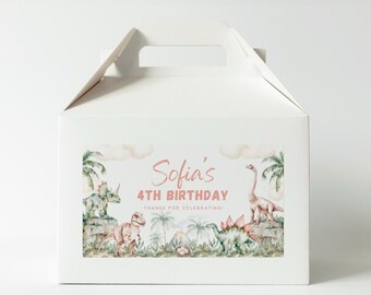 Dinosaur Birthday Gable Box Label Editable Pink Dino Treat Box Label Girl Dinosaur Goodie Bag Tag Template Printable Instant Download, 0036