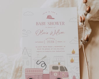 Faire-part de baby shower camion de pompier, shower de bébé pompier, invitation de camion de pompier, camion de pompier rose, modèle d'Invitation imprimable, 0026