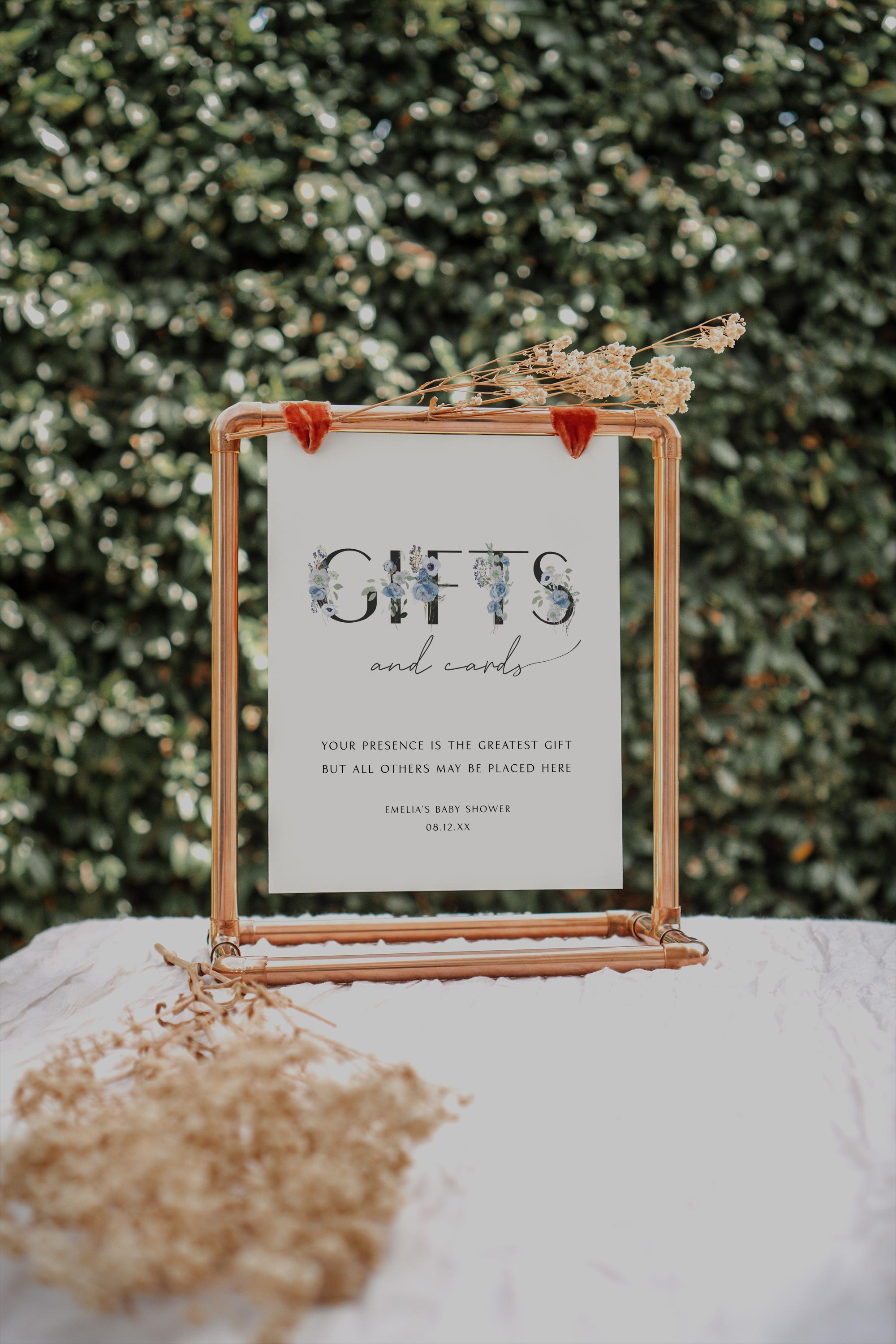 Gift Table Sign Gifts and Cards Table Sign Baby in Bloom Blue Floral ...