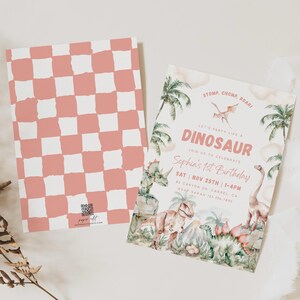 May include: A pink and white chequered background with a dinosaur-themed first birthday party invitation. The invitation features a watercolour illustration of dinosaurs, palm trees, and eggs. The text reads "Stomp, Chomp, Roari! Let's party like a Dinosaur. Join us to celebrate Sophia's 1st Birthday. Sat | Nov 25th | 1-4pm. #2 Canyon Dr. Carmel, CA. RSVP Saran 123-456-7890."