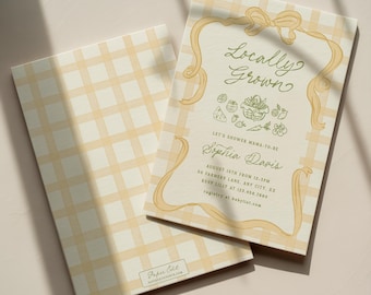 Plantilla de invitación para baby shower con productos locales, editable, para mercado de agricultores, con temática de puesto de granja, ilustraciones de comida dibujadas a mano imprimibles, 0105