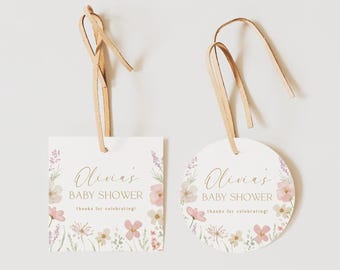 Baby Shower Tag Baby in Bloom Label Baby Shower Favor Pink Floral Round Tag Template Editable Square Tag Printable Digital Download, 0085
