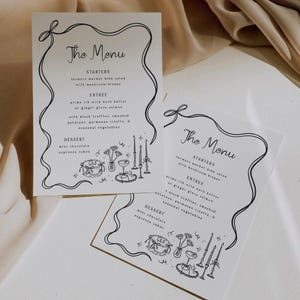 Dinermenu handgetekende strik dinermenu grillige strik frame menusjabloon bewerkbare cocktailparty voedselmenu afdrukbaar, 0073