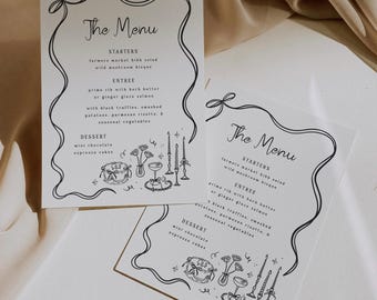 Dinner Party Menu Hand Drawn Bow Dinner Party Menu Whimsical Bow Frame Menu Template Editable Cocktail Party Food Menu Printable, 0073