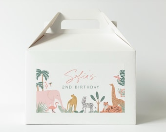 Modèle d'étiquette de boîte à pignon anniversaire fêtards animaux de safari modifiable étiquette de cadeau de fête d'anniversaire fille zoo signe de fête tout âge imprimable, 0035