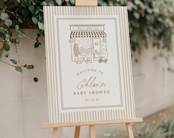Letrero de bienvenida para baby shower con temática de café. Póster neutro "El bebé está en camino". Plantilla de pancarta personalizada. Cafe Bebe, 0132