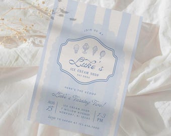 Faire-part d'anniversaire crème glacée bleu glacier, invitation à une fête pour tous les âges, modèle d'anniversaire social garçon rétro crème glacée imprimable, 0050