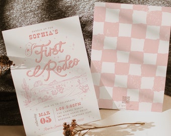 May include: A pink and white chequered background with a pink and white invitation for a first rodeo party. The invitation says "Saddle Up For Sophia's First Rodeo" and includes the date, time, and location of the party.