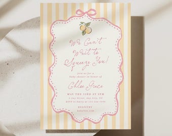 We Can't Wait to Squeeze You Invitation Personalized Pink Lemon Baby Shower Invite Template Citrus Editable Digital Download, 0136