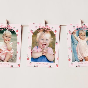 Bannière photo avec baies, premier anniversaire de baies, carte-photo mensuelle, décoration de fête fantaisiste aux fraises, plaque de première année avec baies, 0087