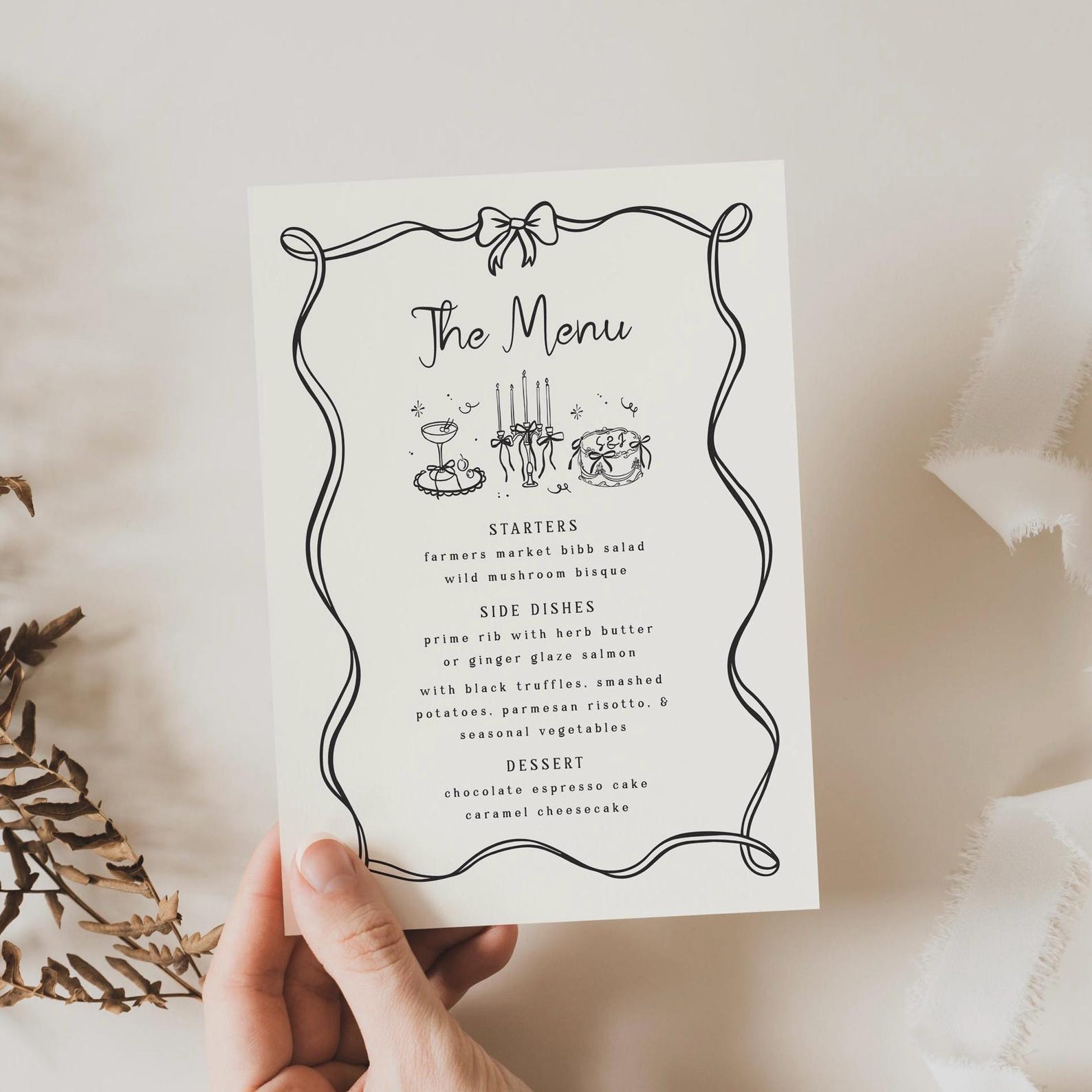Bow Menu Template Dinner Party Menu Hand Drawn Menu Whimsical Coquette ...
