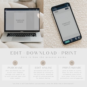 May include: A graphic showing the steps to edit, download, and print a template design. The steps are: purchase, edit online, and print/share. The graphic includes a laptop, a smartphone, and icons for each step.