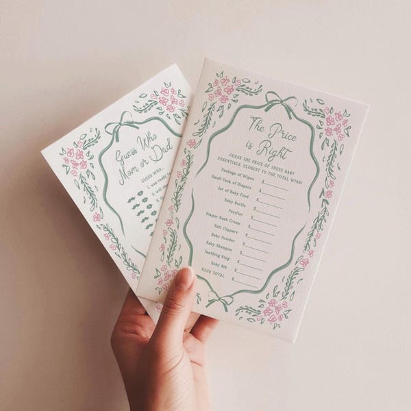 Baby Shower Games Template Floral Baby Shower Game Printable Chinoiserie Hand Drawn Shower Activity Card Editable Pink Green Download, 0112