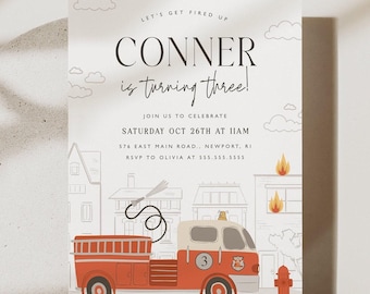 May include: A birthday invitation card featuring a red and white fire truck, a fire hydrant, and a building with flames. The text reads: LET'S GET FIRED UP, CONNER is turning three!, JOIN US TO CELEBRATE, SATURDAY OCT 26TH AT 11AM, 576 EAST MAIN ROAD., NEWPORT, RI, RSVP TO OLIVIA AT 555.555.5555.