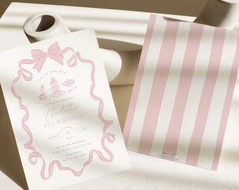 Teeparty-Geburtstags-Einladung Rosa Bogen-Teeparty einladen Bearbeitbare Hand gezeichnete Rosa Par-Tea-Einladung Coquette Tea für zwei Vorlage, 0078