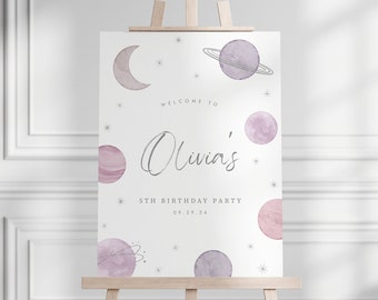 Space Birthday Welcome Sign Planets Rocket Spaceship Birthday Sign Space Girl Printable Poster Board Party Sign Template Download, 0001