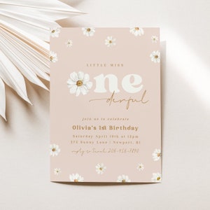 Invito di compleanno con margherita Invito retrò con fiori Primo compleanno Onederful Invito con margherita Modello stampabile moderno con fiori boho per il compleanno, 0019