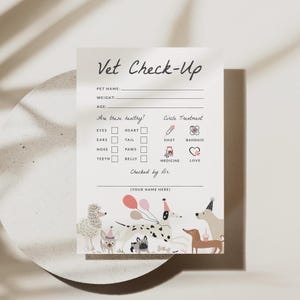 Lista de verificación para chequeo veterinario de mascotas, hoja imprimible, formulario de chequeo veterinario para clínica veterinaria, cumpleaños de perro, fiesta de cachorro, plantilla veterinaria editable, descargable, 0025