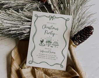 Christmas Party Invitation Hand Drawn Holiday Party Invite Template Printable Holiday Cocktail Party Invite Editable Coquette Bow Card, 0070