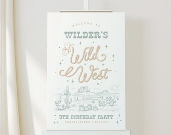 May include: A white rectangular sign featuring the text "WELCOME TO WILDER'S Wild West 6TH BIRTHDAY PARTY CARMEL RANCH | 05.12.XX". The design includes a tan rope-style font, a cowboy hat, stars, and a desert landscape with cacti.
