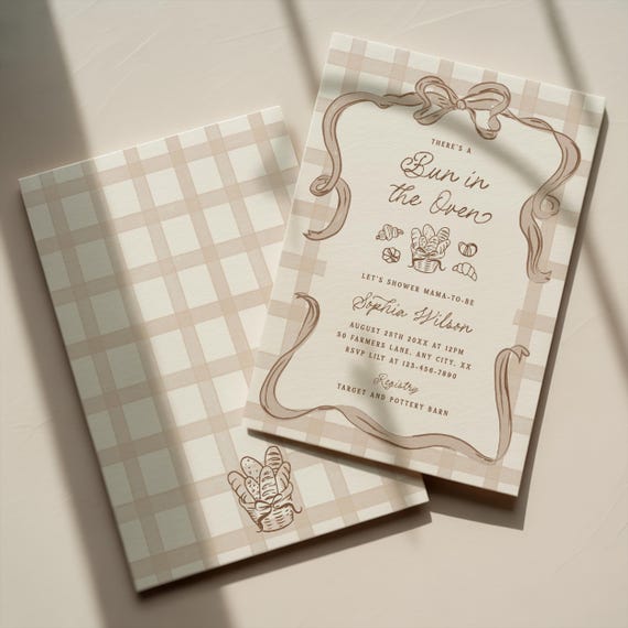 Bun in the Oven Baby Shower Invitation Template Editable Bakery Baby Shower Baked with Love Hand Drawn Bread Invite Digital Printable, 0117