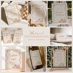 Op de afbeelding: Een verzameling Thanksgiving-feestbriefpapier met een grillig ontwerp. Bevat uitnodigingen, menu's, naambordjes en borden. De tekst bevat "Whimsical Thanksgiving Party Bundle", "Thankful for You" en "Custom Sign". Het kleurenpalet is crème en bruin.