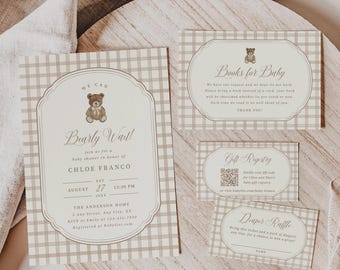 Bear Baby Shower Invitation Suite We Can Bearly Wait Beige Teddy Personalized Books for Baby Diaper Raffle Template, 0135