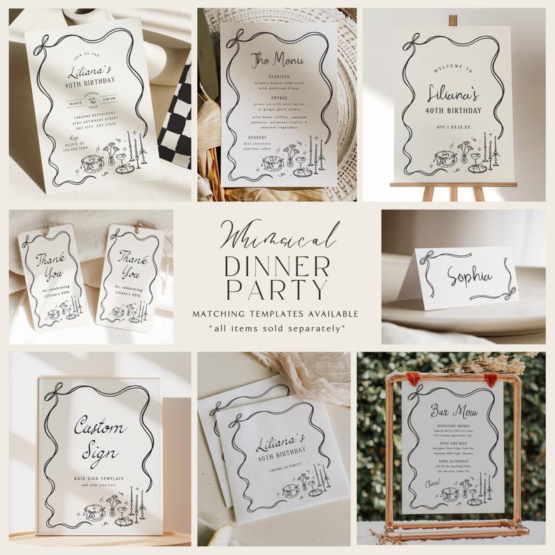 May include: A collection of whimsical dinner party stationery, including invitations, menus, place cards, and signs. Each piece features a decorative black border and illustrations of candles and a drum set. The text includes "Liliana's 40th Birthday" and "Thank You".