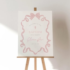 Letrero de bienvenida para bautizo, lazo para niña, letrero para bautizo, cartel de evento de bautizo con coqueta rosa, plantilla de letrero editable, lazo rosa dibujado a mano, imprimible, 0078