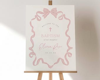 Baptism Welcome Sign Girl Bow Baptism Sign Pink Coquette Christening Event Poster Editable Sign Template Hand Drawn Pink Bow Printable, 0078