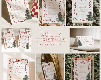 May include: A Christmas party stationery bundle featuring white paper cards with a red ribbon border, a red bow at the top, and a green Christmas tree illustration. The text includes Christmas Party, Menu, Merry Christmas, and Custom Sign.