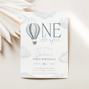 Mr Onederful Invitation Hot Air Balloon ONEderful Birthday Invitation Mr. ONEderful First Birthday Party Printable Invitation Template, 0002