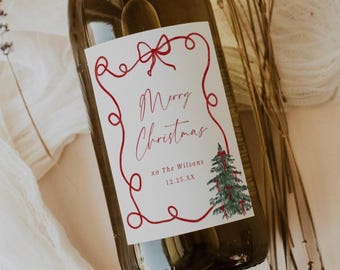 Plantilla de etiqueta de vino con lazo, etiqueta de botella con diseño de árbol de Navidad, etiqueta editable para recuerdo de fiesta, etiqueta de vino imprimible, descarga instantánea, 0062