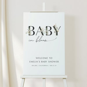 Baby in Bloom Minimalist Willkommensschild, Babypartyschild, In Bloom Willkommensschild, Baby in Bloom Blumenthema, Willkommensposter, Corjl Edit, 0008