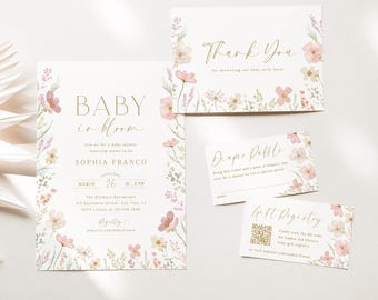 Baby in Bloom Shower Bundle Baby in Bloom Invitation Template Baby Shower Diaper Raffle Ticket Editable Registry Card Printable Insert, 0085