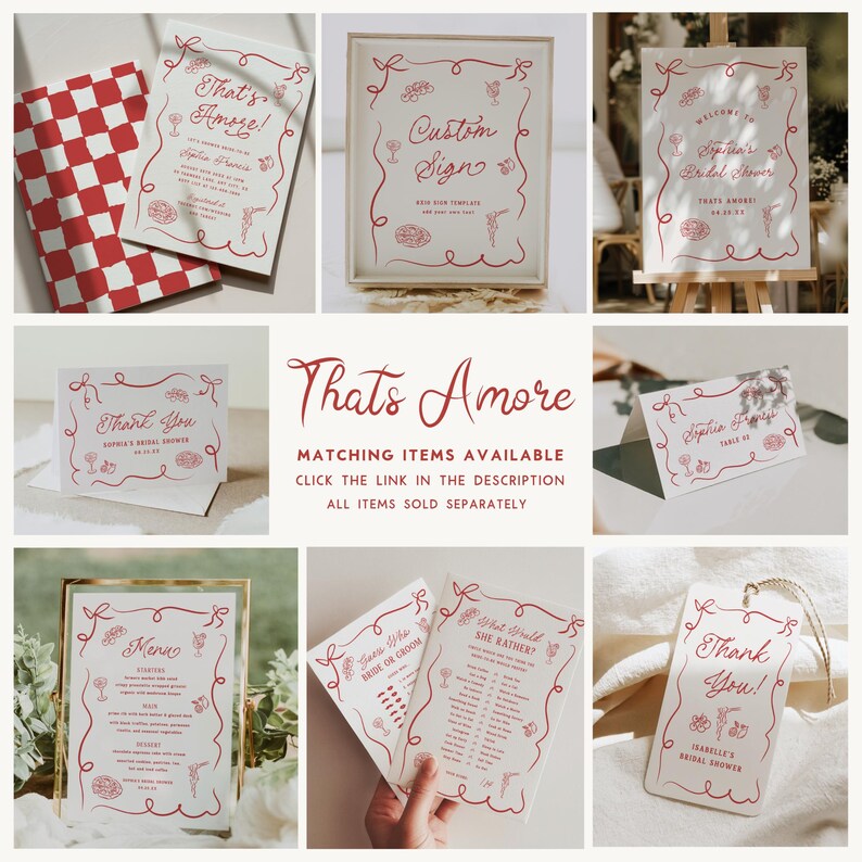 May include: A collection of wedding stationery with a red and white theme. The items include signs, menus, and thank you cards, all featuring the text "That's Amore!" and decorative illustrations. The design is consistent across all pieces.