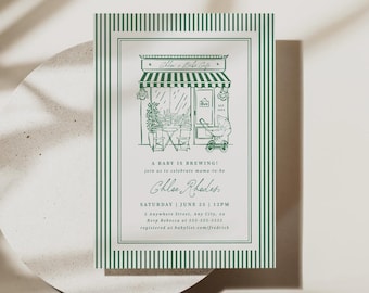 Invitación para baby shower de Cafe Bebe, plantilla de invitación "Green Baby is Brewing" editable, diseño de panadería, brunch dibujado a mano, imprimible digital, 0132